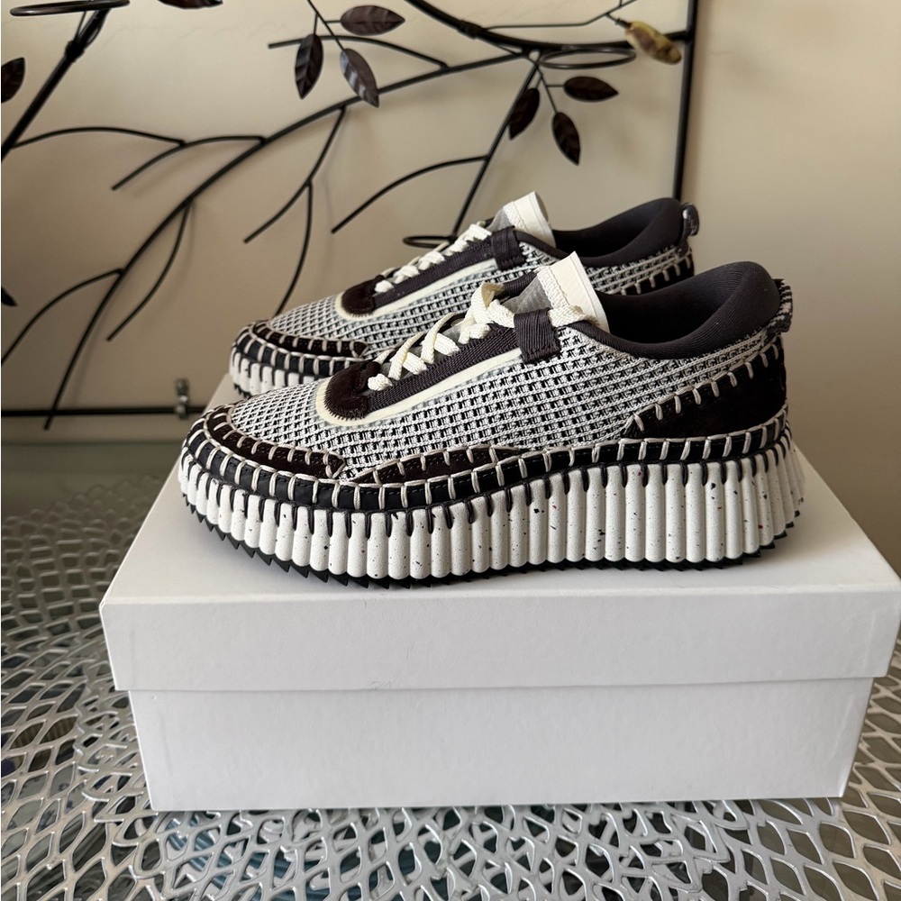 Chloe Nama Woven Stitch-Trim Platform Sneaker Size 38 White Black & Brown NIB - Picture 8 of 17